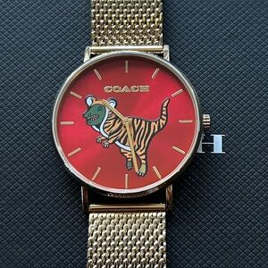 Coach Perry Watch With 36mm BurgundyRed Face With dinosaur & Golden MeshBracelet